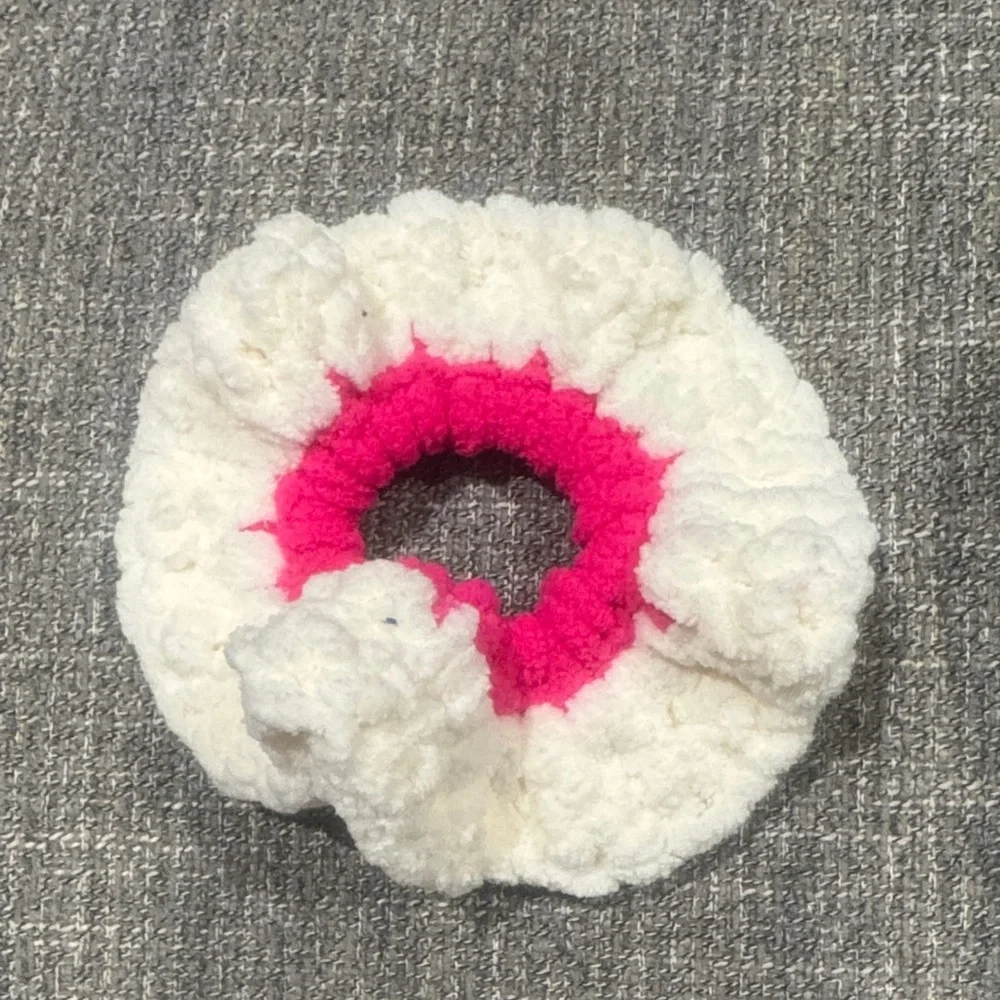 Hair Scrunchie Handmade by Me Pink and White